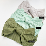 Jersey Ribbed Headband Bow - Baby Bunny Co. New born headband colours in forest green, mink, and light grey headband bow.