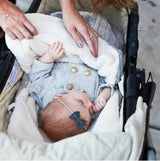 Baby in stroller laying on top of knit swaddle wrap in gray.  The swaddle is lined and for winter use.