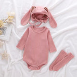 3 piece baby set with bunny ears hat, long sleeve onesie and socks in rose.