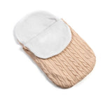 Knit swaddle wrap for strollers in tan.