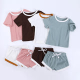 2 piece cotton tee shirt and shorts set in four colours, pink, brown, white and sage green.