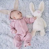 Baby in pink long sleeve, zip up jumpsuit with bunny ears hood.