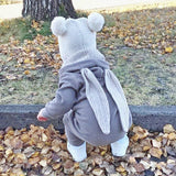 Baby in grey long sleeve jumpsuit with bunny ears hood.