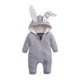 Grey long sleeve, zip up jumpsuit with bunny ears hood.