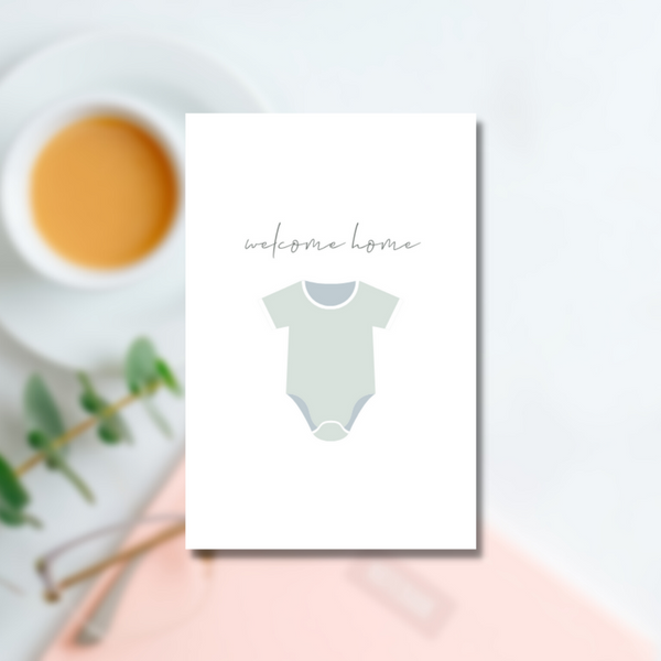 Welcome home baby card in sage green