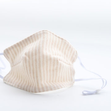 Reusable cotton kids' facemask in beige stripe print.