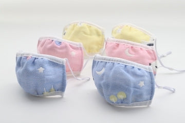 Reusable cotton kids' facemask in blue, pink and yellow.