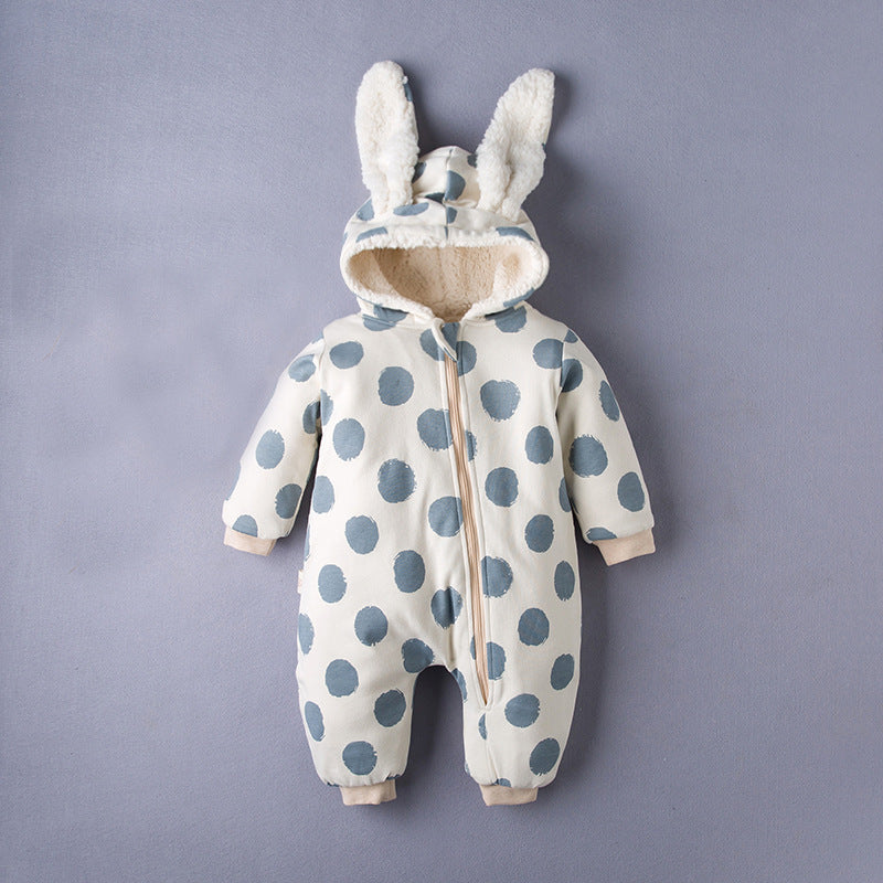 Blue polkadot baby long sleeve jumpsuit with bunny ears hood.