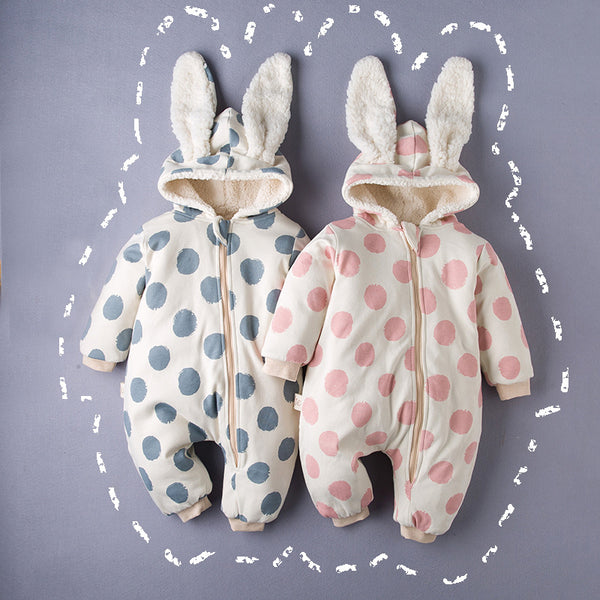 Blue and pink polkadot long sleeve baby jumpsuit with bunny ears hood.  The jumpsuit is warmly lined and for winter use.
