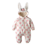Pink polkadot baby long sleeve jumpsuit with bunny ears hood.