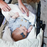 Baby in stroller laying on top of knit swaddle wrap in gray.  The swaddle is lined and for winter use. 
