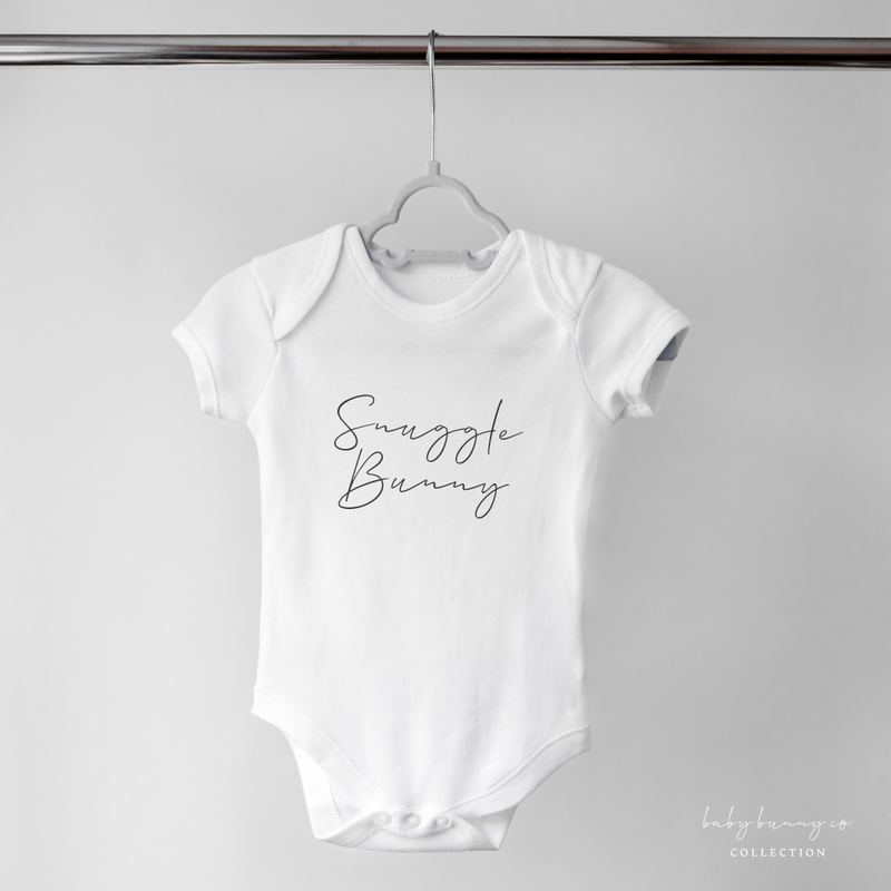 White onesie button close with Snuggle Bunny graphic on shirt, customized baby infant onesie
