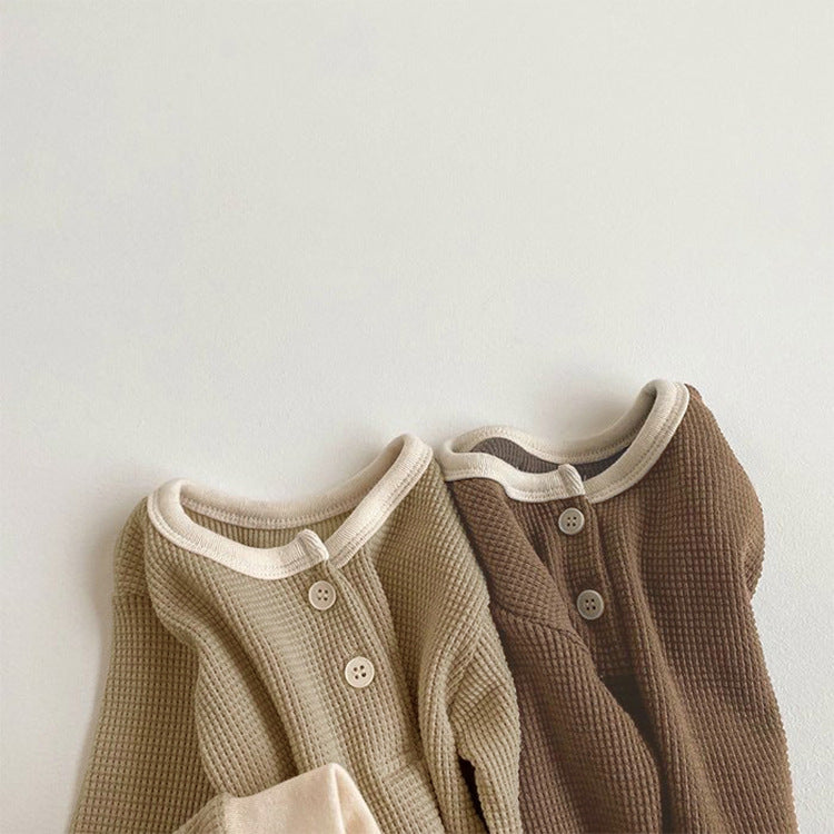 2 piece waffle cotton long sleeve and pants set in tan and brown.