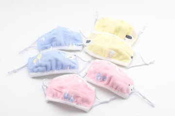 Reusable cotton kids' facemask in blue, pink and yellow.