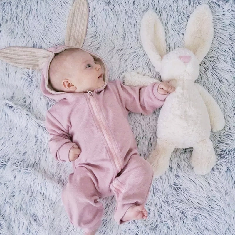 Baby in pink long sleeve, zip up jumpsuit with bunny ears hood.