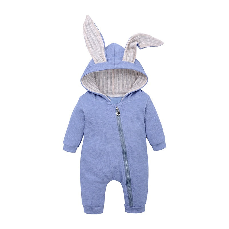 Blue long sleeve, zip up jumpsuit with bunny ears hood.