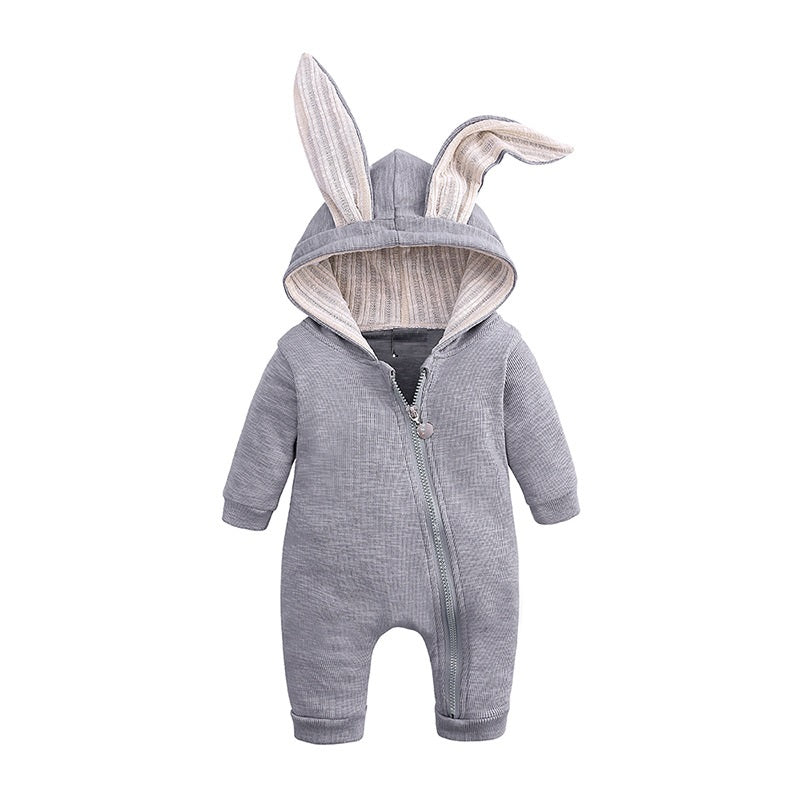 Grey long sleeve, zip up jumpsuit with bunny ears hood.
