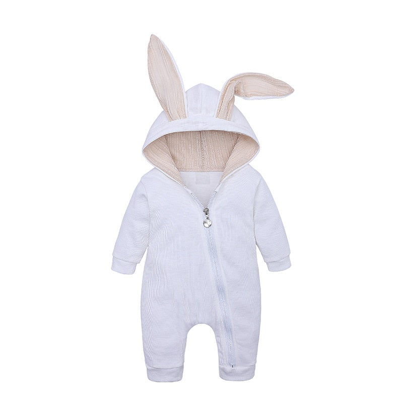 White long sleeve, zip up jumpsuit with bunny ears hood.