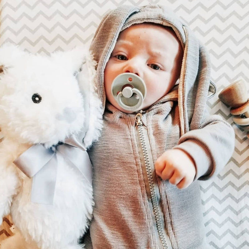 Baby in grey long sleeve, zip up jumpsuit with bunny ears hood and holding a bunny stuffed animal.